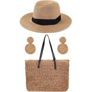 4755 Straw Large Beach Bag Woven Beach Bag and Hats Set Earring Handmade